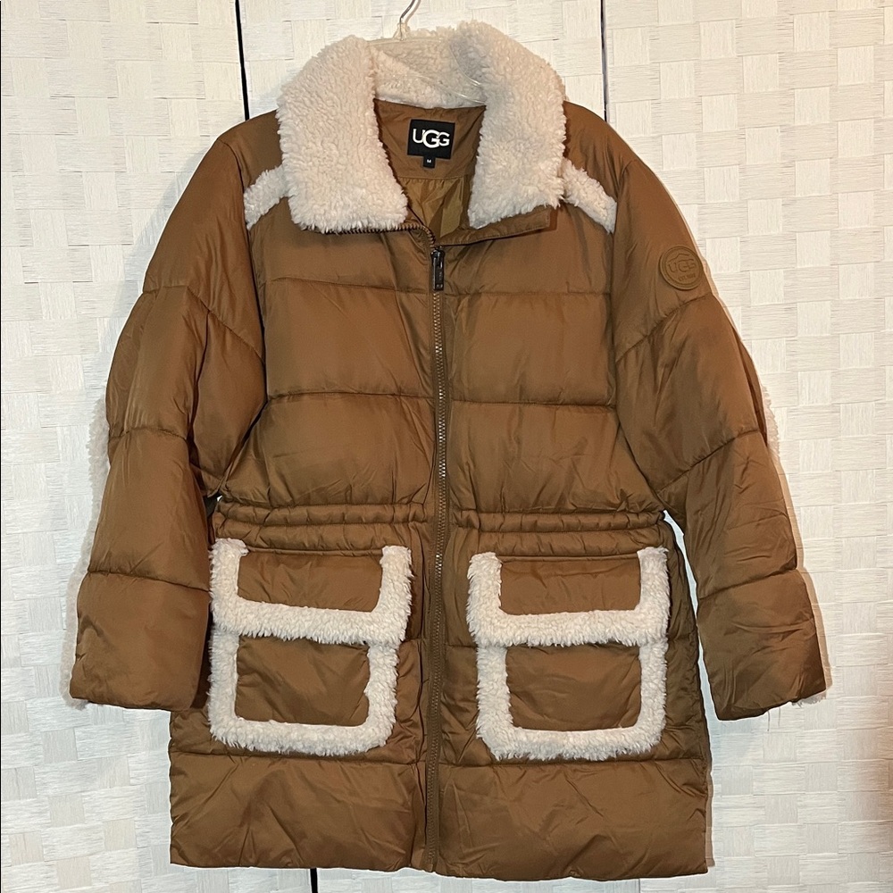 UGG Tan Puffer Jacket with ivory Faux Shearling Trim Size M